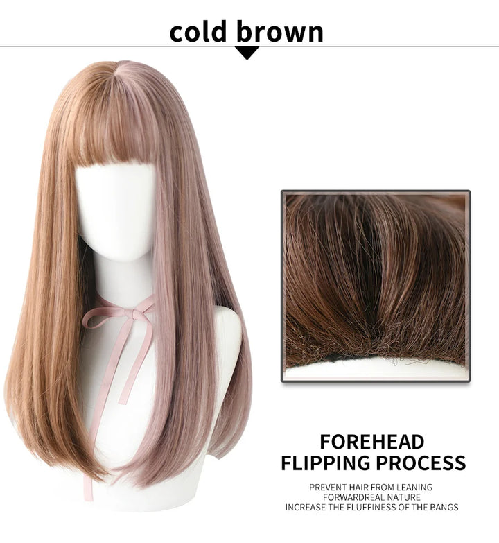 7JHHWIGS Long Wavy Synthetic Black Wigs For Women With Fringe Fashion Heat Resistant Mid-Length Daily Straight Light Brown Hair