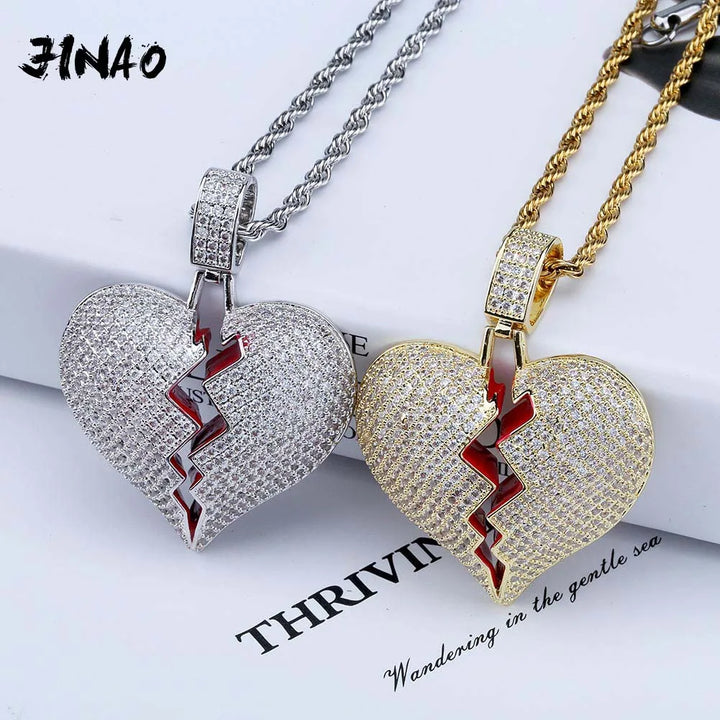 JINAO Fashion Broken Heart Iced Out Chain Pendant Necklace Statement Gold Color Cubic Zircon Necklace Hip Hop Men's Jewelry Gift