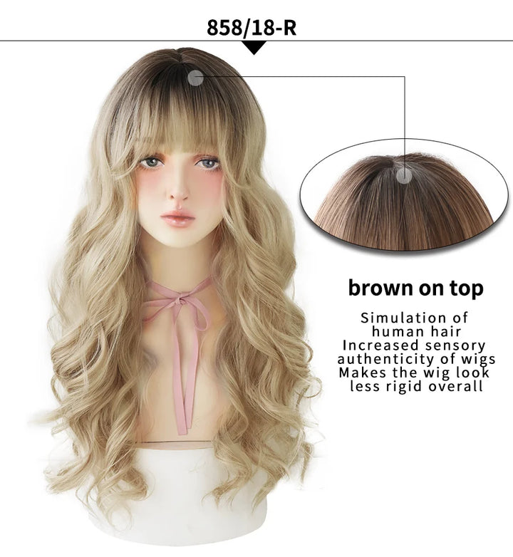 7JHHWIGS Long Wavy Synthetic Black Wigs For Women With Fringe Fashion Heat Resistant Mid-Length Daily Straight Light Brown Hair