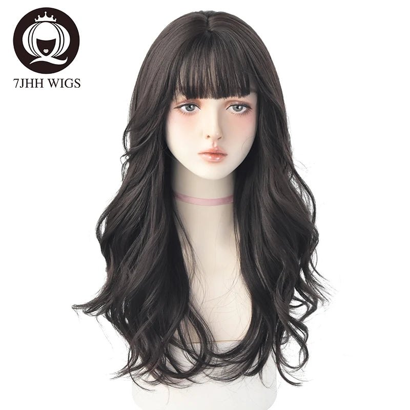 7JHHWIGS Long Wavy Synthetic Black Wigs For Women With Fringe Fashion Heat Resistant Mid-Length Daily Straight Light Brown Hair