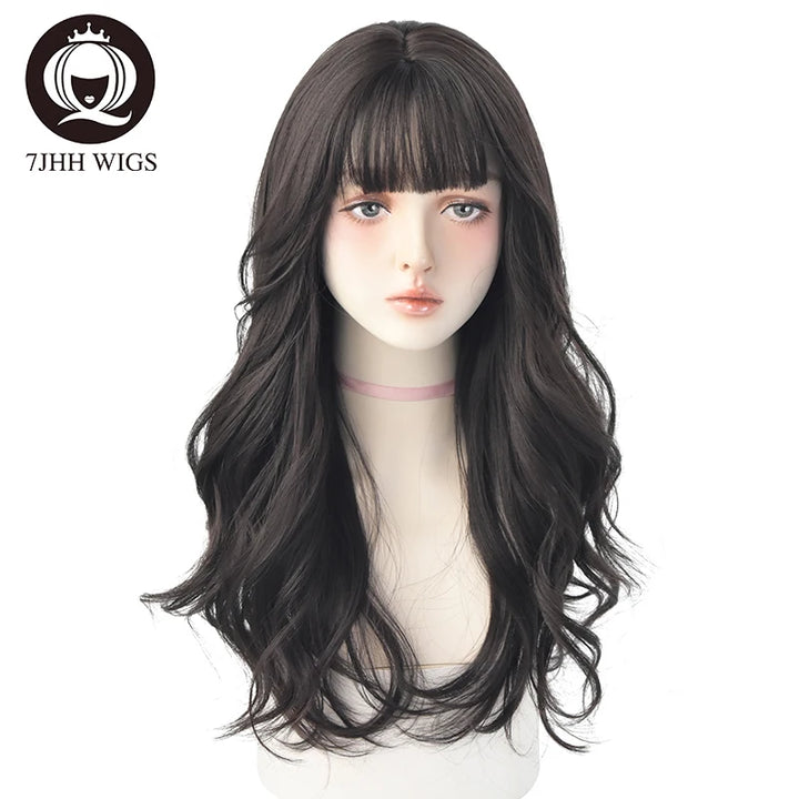 7JHHWIGS Long Wavy Synthetic Black Wigs For Women With Fringe Fashion Heat Resistant Mid-Length Daily Straight Light Brown Hair