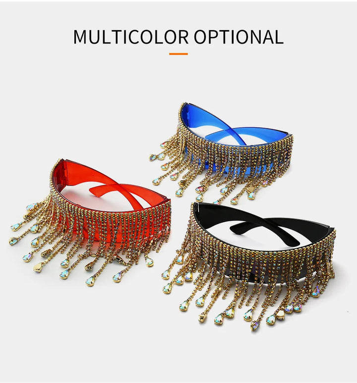 Fashion Luxury Full Diamond Tassel Sunglasses Men Colorful Glasses Crystal Design Steampunk Windproof Sun Glasses Women
