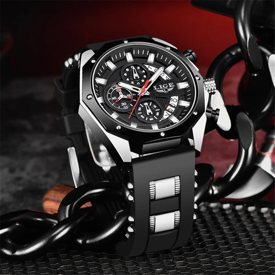 LIGE Brand Watch Men Silcone Sports Watches Men's Army Military Quartz Wristwatch Chronograph Male Clock Relogio Masculino+BOX