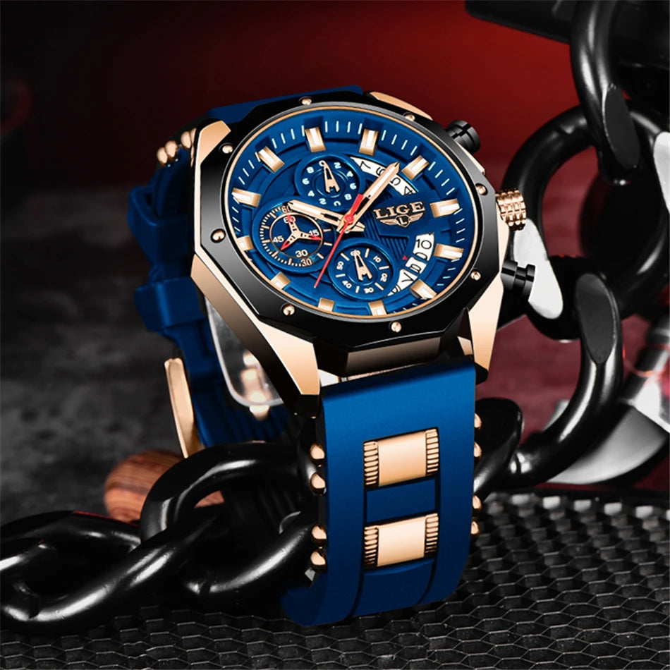 LIGE Brand Watch Men Silcone Sports Watches Men's Army Military Quartz Wristwatch Chronograph Male Clock Relogio Masculino+BOX