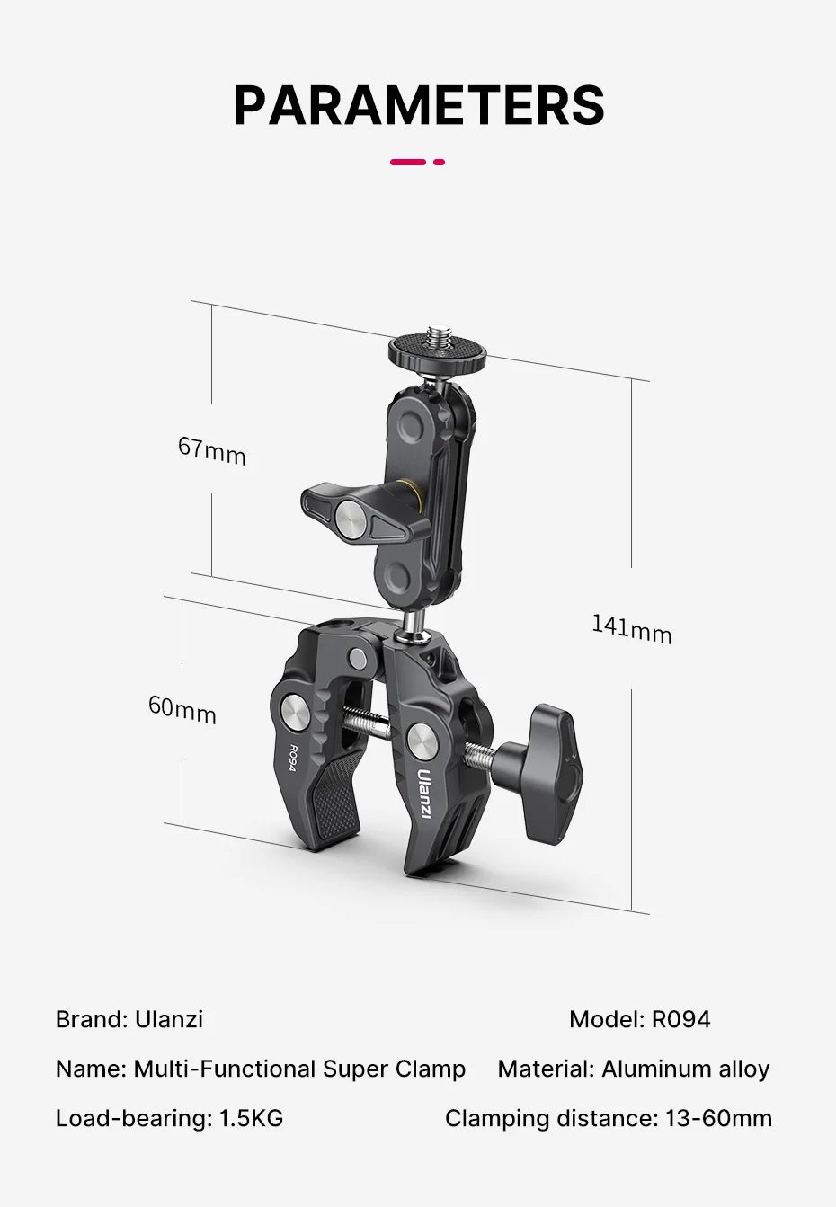 Ulanzi R094 Super Clamp Extend 1/4 3/8Thread for Magic Arm LED Fill Light Microphone Universal Ball HeadClamp LoadMax1.5kg