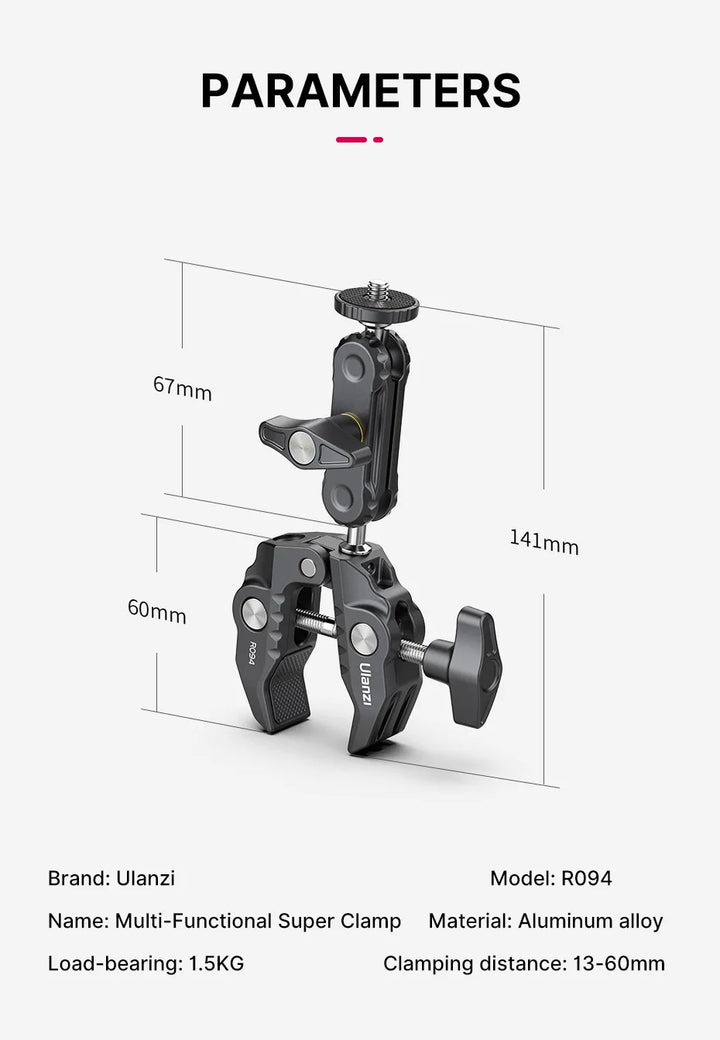 Ulanzi R094 Super Clamp Extend 1/4 3/8Thread for Magic Arm LED Fill Light Microphone Universal Ball HeadClamp LoadMax1.5kg