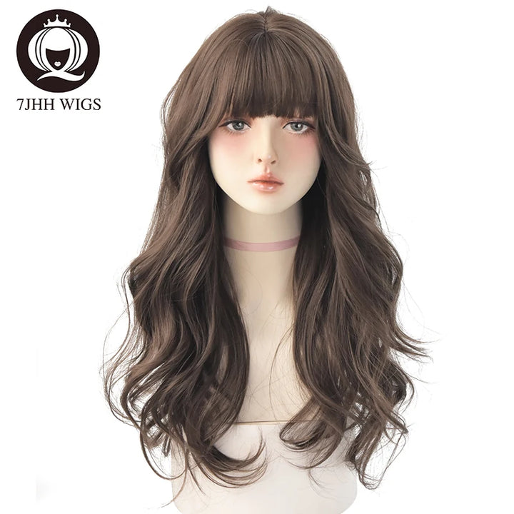 7JHHWIGS Long Wavy Synthetic Black Wigs For Women With Fringe Fashion Heat Resistant Mid-Length Daily Straight Light Brown Hair