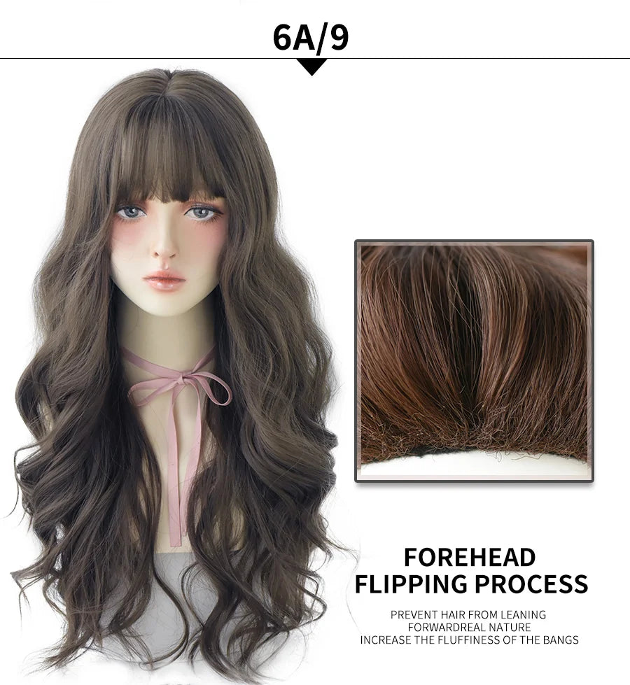 7JHHWIGS Long Wavy Synthetic Black Wigs For Women With Fringe Fashion Heat Resistant Mid-Length Daily Straight Light Brown Hair