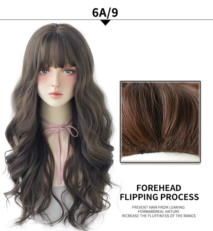 7JHHWIGS Long Wavy Synthetic Black Wigs For Women With Fringe Fashion Heat Resistant Mid-Length Daily Straight Light Brown Hair