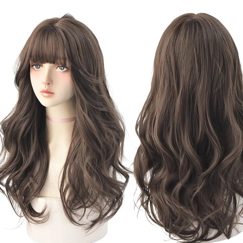 7JHHWIGS Long Wavy Synthetic Black Wigs For Women With Fringe Fashion Heat Resistant Mid-Length Daily Straight Light Brown Hair