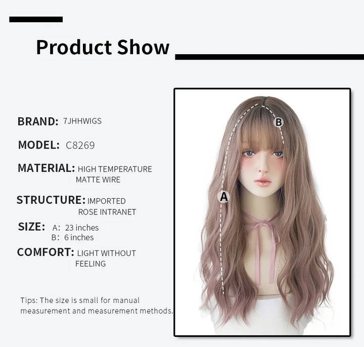 7JHHWIGS Long Wavy Synthetic Black Wigs For Women With Fringe Fashion Heat Resistant Mid-Length Daily Straight Light Brown Hair
