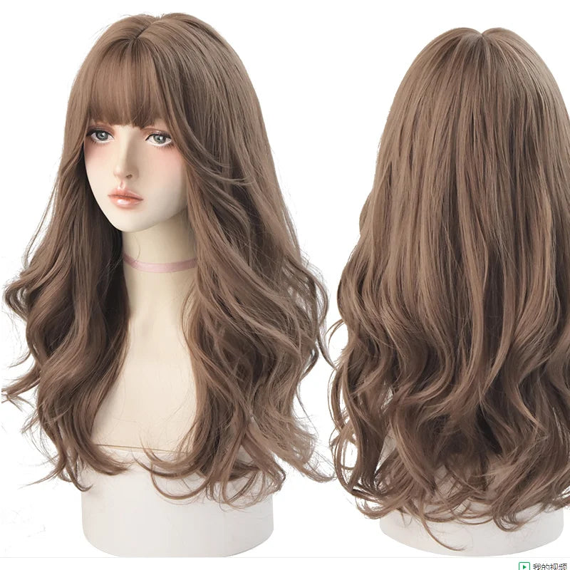 7JHHWIGS Long Wavy Synthetic Black Wigs For Women With Fringe Fashion Heat Resistant Mid-Length Daily Straight Light Brown Hair