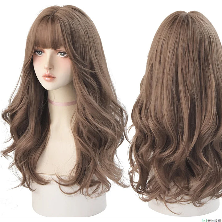7JHHWIGS Long Wavy Synthetic Black Wigs For Women With Fringe Fashion Heat Resistant Mid-Length Daily Straight Light Brown Hair