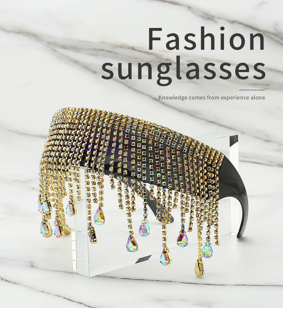 Fashion Luxury Full Diamond Tassel Sunglasses Men Colorful Glasses Crystal Design Steampunk Windproof Sun Glasses Women