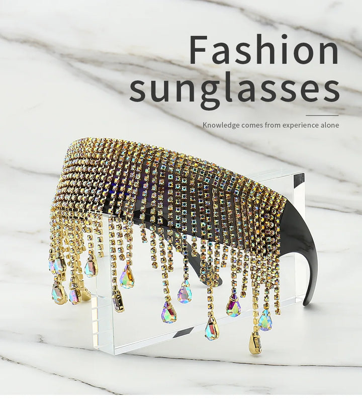Fashion Luxury Full Diamond Tassel Sunglasses Men Colorful Glasses Crystal Design Steampunk Windproof Sun Glasses Women