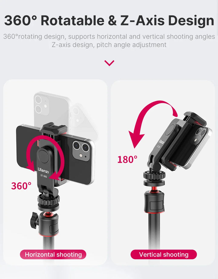 Ulanzi ST-06S 360°Rotatable Phone Holder Vertical Shoot PhoneMount Tripod Mount With Cold Shoe phone Clip Clamp Vlog Video