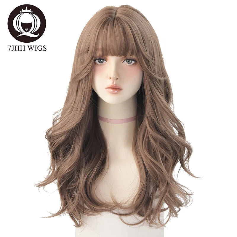 7JHHWIGS Long Wavy Synthetic Black Wigs For Women With Fringe Fashion Heat Resistant Mid-Length Daily Straight Light Brown Hair