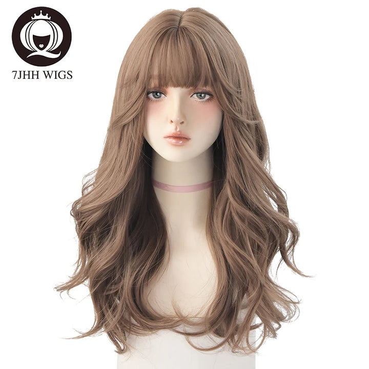 7JHHWIGS Long Wavy Synthetic Black Wigs For Women With Fringe Fashion Heat Resistant Mid-Length Daily Straight Light Brown Hair