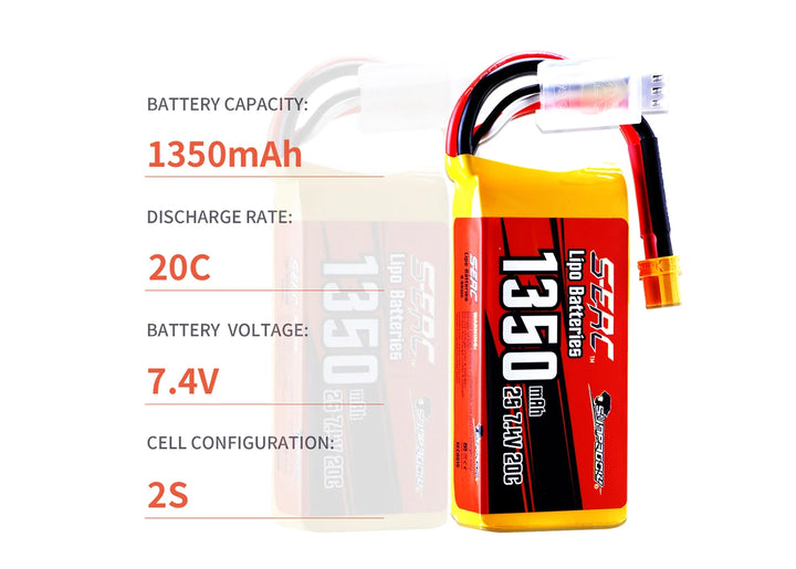 2packs Sunpadow 2S 7.4V Lipo Battery 900mAh 1350mAh 20C 25C Soft Pack with JST XT30 Plug for RC Airplane Quadcopter Helicopter