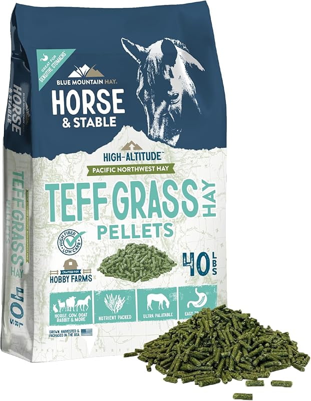 High Altitude Horse Hay Pellets | Ultra Premium Alfalfa, Timothy, Orchard, Teff Hay | Nutrient Dense | Cattle, Sheep, Alpaca, Rabbits (40 LB, Teff Grass)