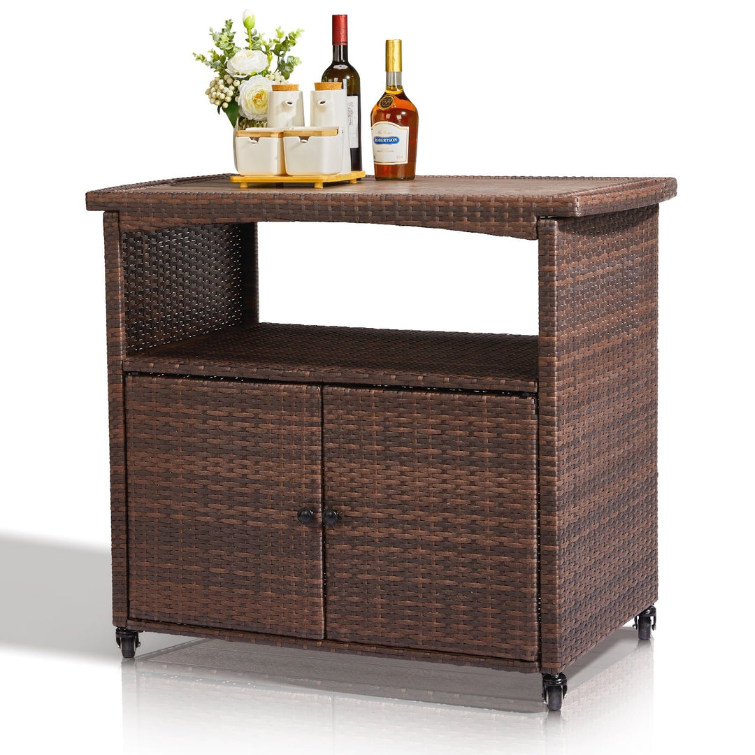 HiiKaa Outdoor Bar Cart with Storage Cabinet,Patio Wicker Sideboard Buffet Cabinet Prep Table,Kitchen Serving Cart with Rolling Wheels,Handle,Rattan Portable Bar Table with Shelves Doors Brown