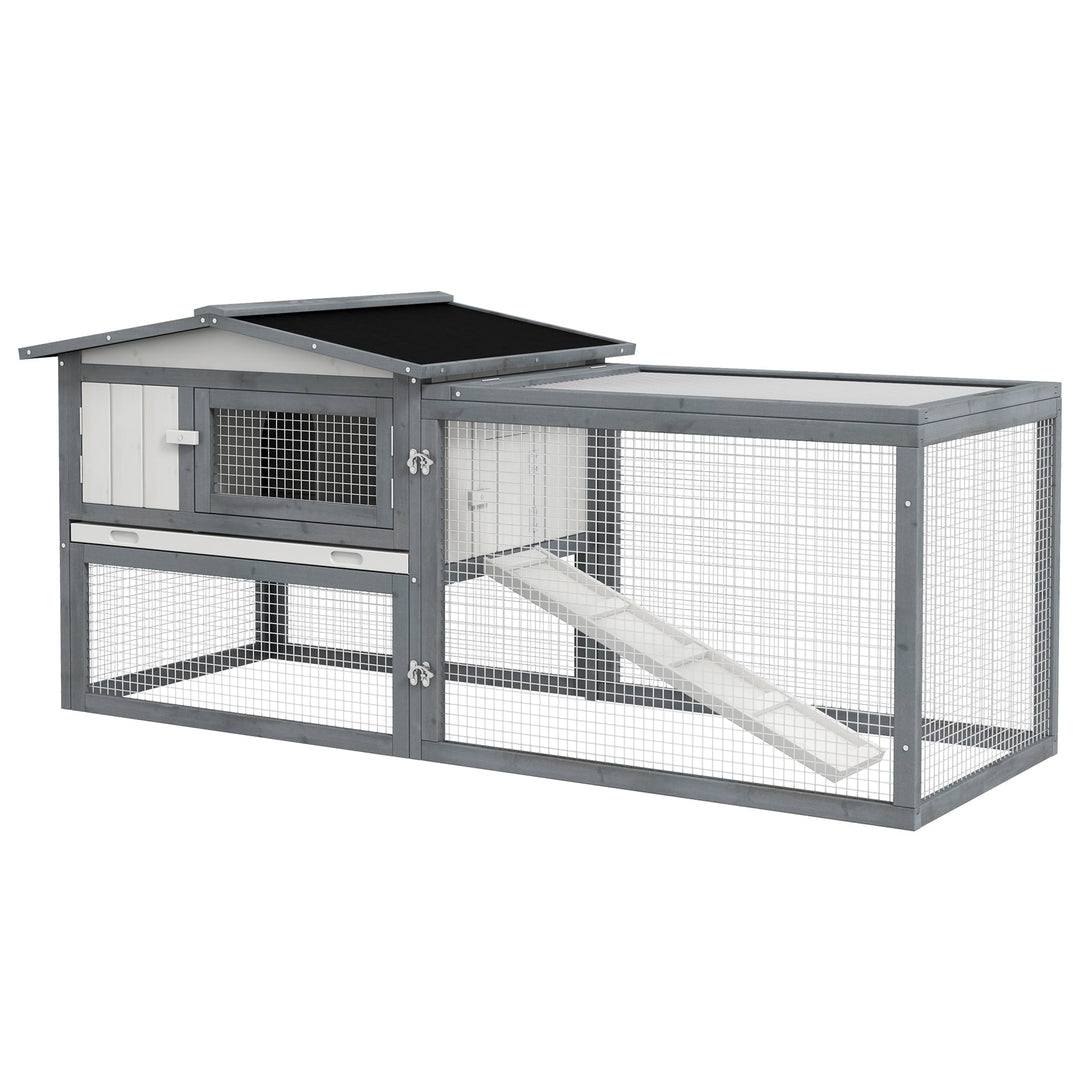 Historyli Go5H Large Wooden Rabbit Hutch, 2-Tier 61.4" Weather-Resistant Rabbit Cage With Feeding Trough, Guinea Pig Hutch With Sliding Tray, Ramp, Asphalt Roof