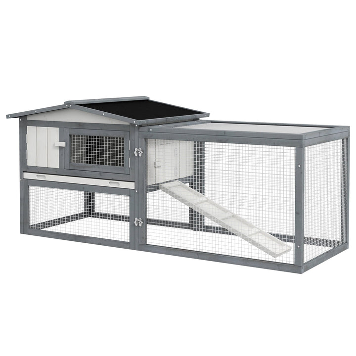 Historyli Go5H Large Wooden Rabbit Hutch, 2-Tier 61.4" Weather-Resistant Rabbit Cage With Feeding Trough, Guinea Pig Hutch With Sliding Tray, Ramp, Asphalt Roof