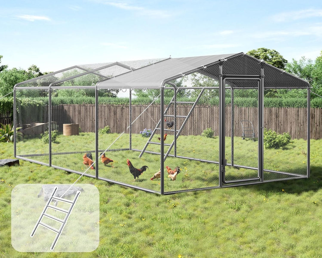 Jocisland 9×19FT Large Chicken Coop with Perch and Hinged Door, Spire Roof Walk-in Chicken Run with Metal Frame and PE Cover for Backyard Poultry, Ducks, Rabbits