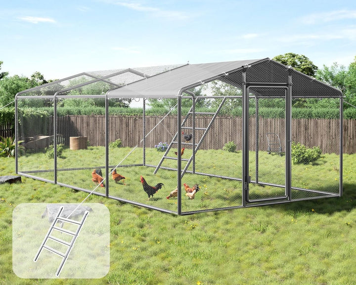 Jocisland 9×19FT Large Chicken Coop with Perch and Hinged Door, Spire Roof Walk-in Chicken Run with Metal Frame and PE Cover for Backyard Poultry, Ducks, Rabbits