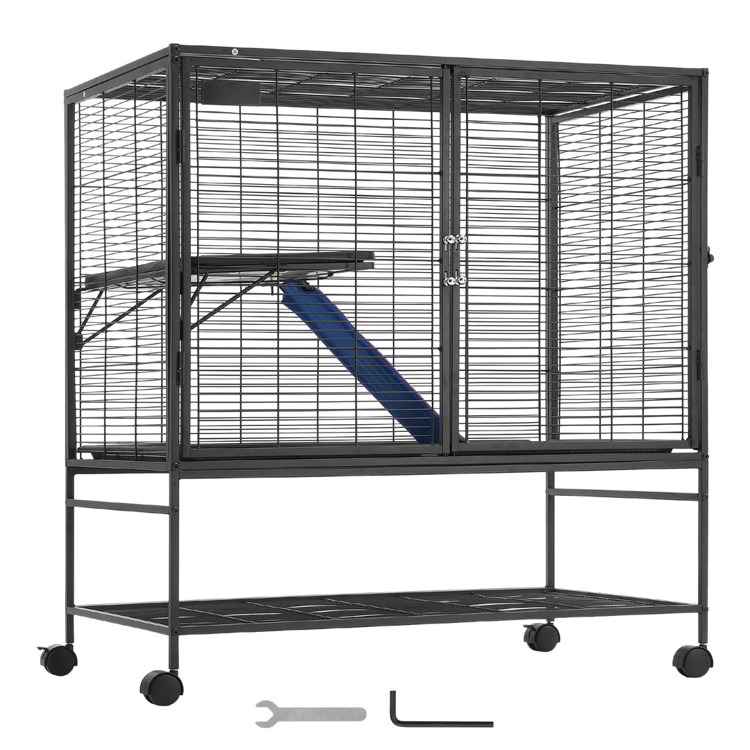 KFFKFF 39" Metal Mobile Ferret Home, Spacious Double-Deck Habitat, Includes Ramps & Tray, Simple Assembly, Ideal for Rats, Hamsters, Guinea Pigs, Chinchillas, Squirrels, Hedgehogs, Bunnies