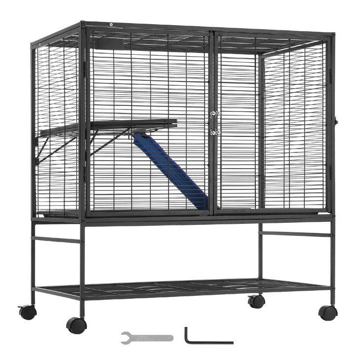 KFFKFF 39" Metal Mobile Ferret Home, Spacious Double-Deck Habitat, Includes Ramps & Tray, Simple Assembly, Ideal for Rats, Hamsters, Guinea Pigs, Chinchillas, Squirrels, Hedgehogs, Bunnies