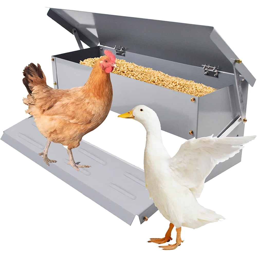 KRKZ 20.1" x 12.6" x 7.5" Silver Automatic Poultry Feeder - Long-Lasting Galvanized Chicken Feeder with Rain Cover - Metal Feeder Kit for Ducks, Bantams & Pheasants