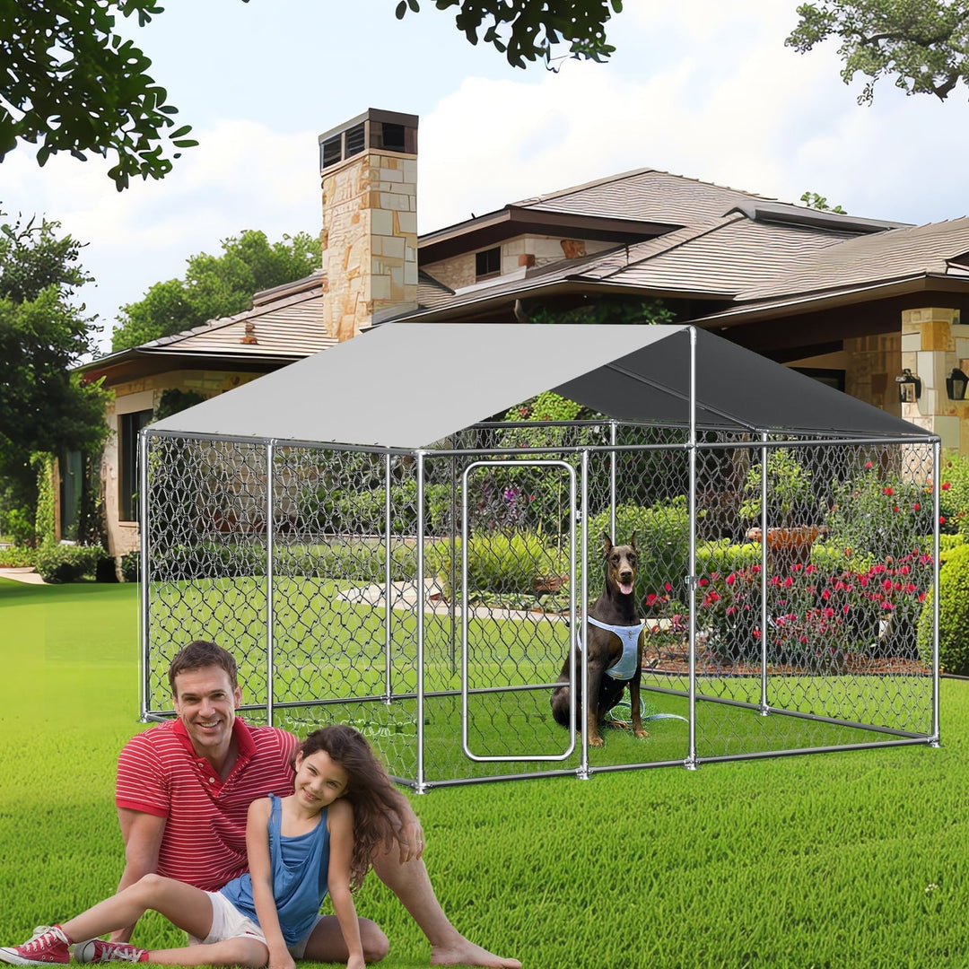 Large Dog Kennel Outside, Heavy Duty Galvanized Steel Outdoor Dog Kennel with Waterproof UV-Resistant Cover, Lockable Door Chain Link Playpen for Small to Large Pets (120"x120"x84")