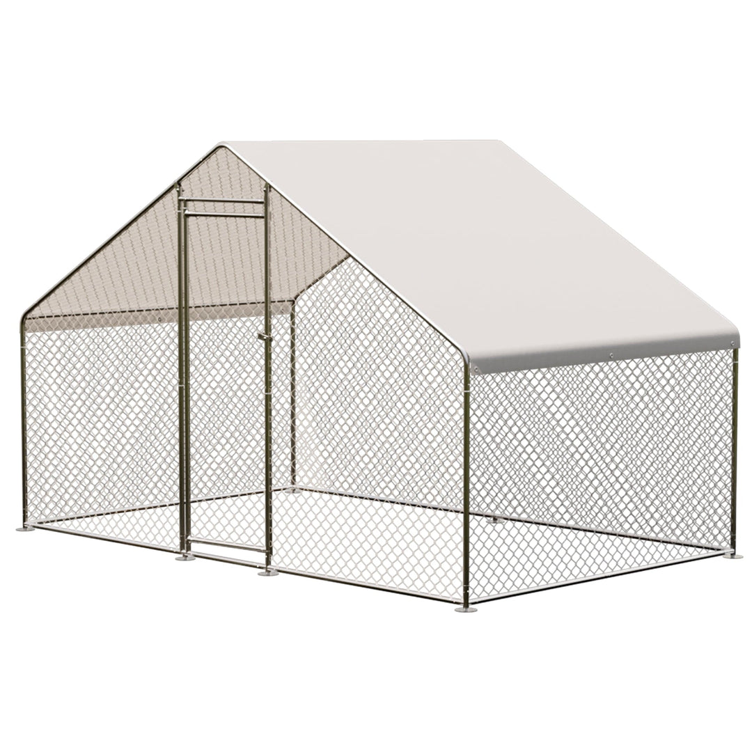 Large Metal Chicken Coop for 6 to 10 Chickens, Chicken Pens Outdoor with Top for Chicks, Ducks, Rabbits, 6.5'Lx9.8'Wx6.5'H Peaked Roof Walk-in Poultry Cage with Waterproof Cover for Yard, Farm