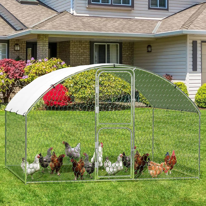 Large Metal Chicken Coop, Doom Roof Large Chicken Run for Yard, Walk-in Poultry Cage with Double Door & Waterproof Cover, Chicken Pen for Outdoor Backyard Farm