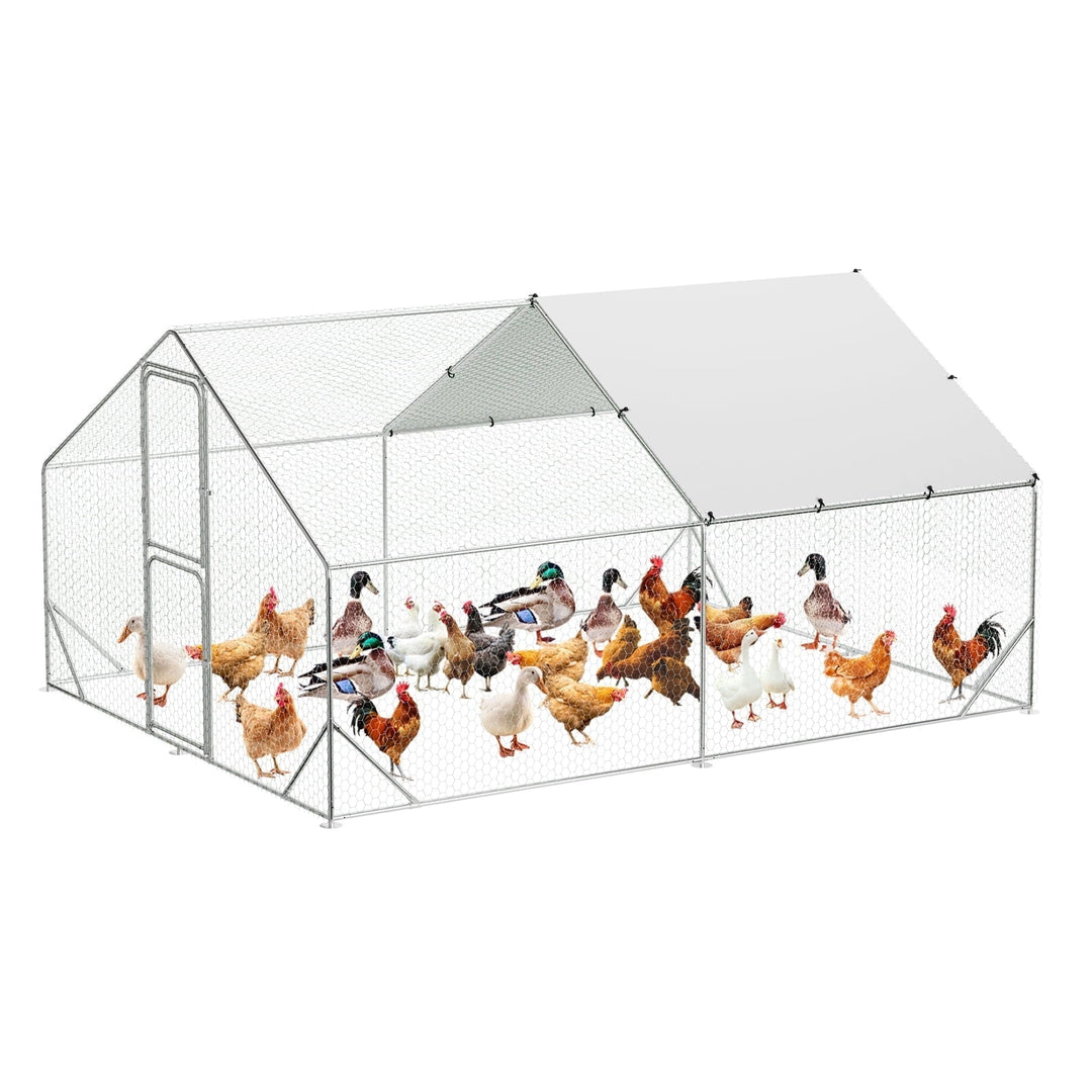 Lumiparty Large Metal Chicken Coop, Walking Poultry Cage Hen Run House Rabbits Habitat Cage Spire Shaped Coops, with Waterproof and Anti-Ultraviolet Cover for Backyard Farm, Silver