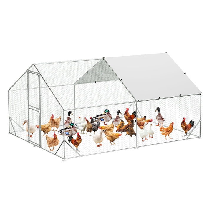 Lumiparty Large Metal Chicken Coop, Walking Poultry Cage Hen Run House Rabbits Habitat Cage Spire Shaped Coops, with Waterproof and Anti-Ultraviolet Cover for Backyard Farm, Silver