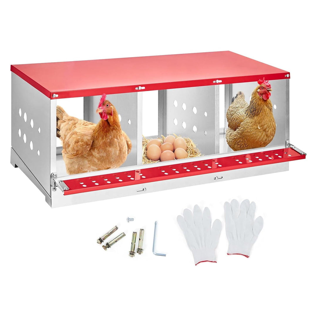 M optimized Chicken Nesting Boxes for Laying Eggs, Metal Chicken Nesting Box with Vented Holes and Swing Perch for Chicken Coop, Egg Laying Boxes for Chickens, Hens, Ducks, 3 Compartments