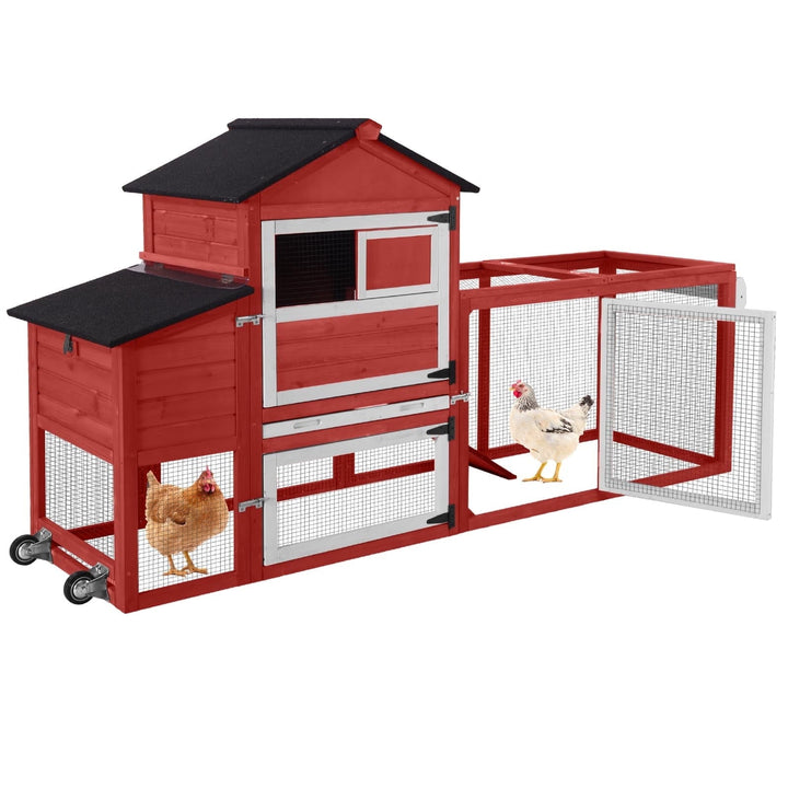 BUTINGLALE Chicken Coop Mobile Hen House On Wheels Easy to Move Wooden Poultry Cage with Nesting Box,Opening Wire Netting Roof,Red
