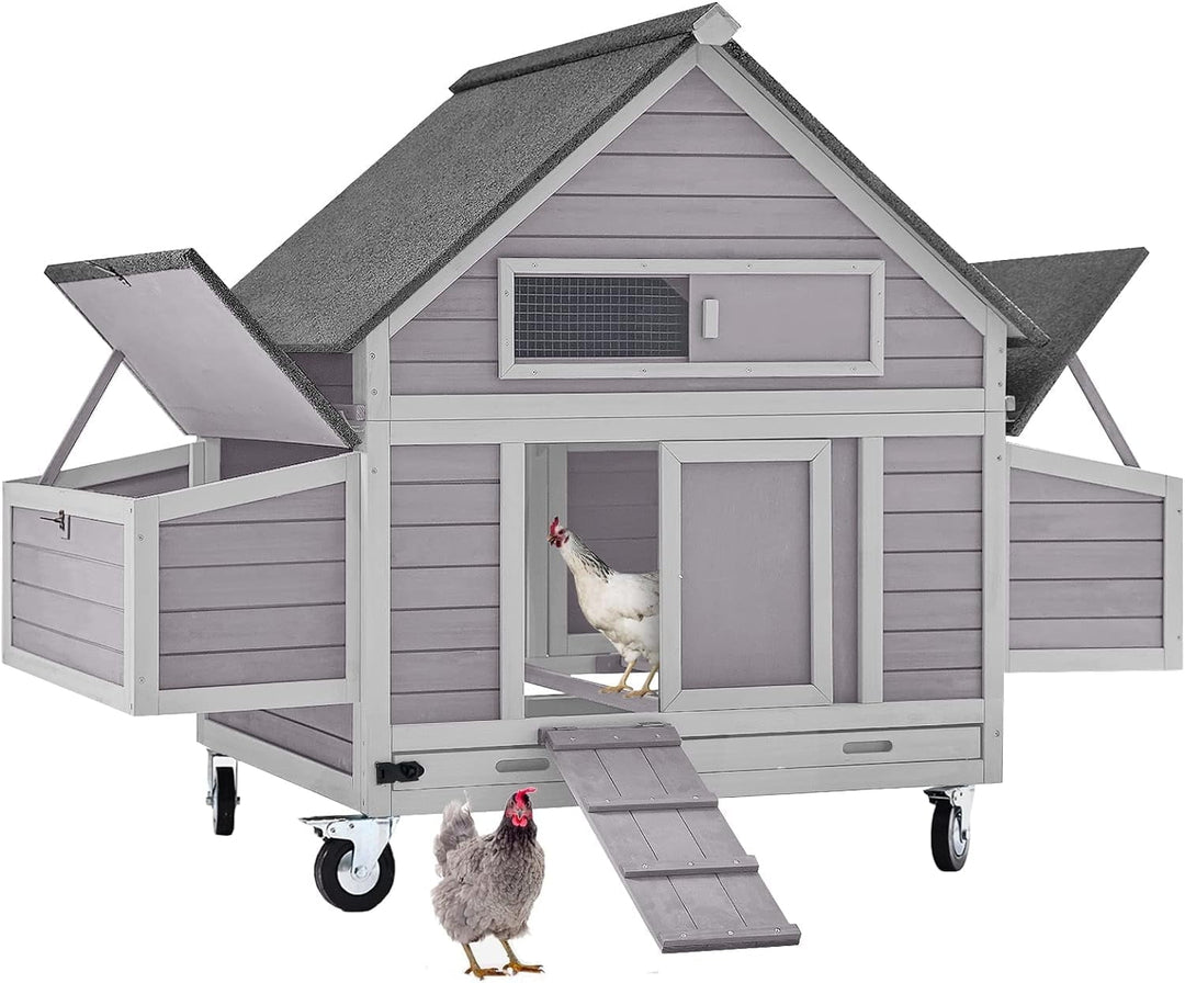 BUTINGLALE Chicken Coop on Wheels Movable Hen House with Two Nesting Boxes, Large Poultry Cage Outdoor Duck Cage
