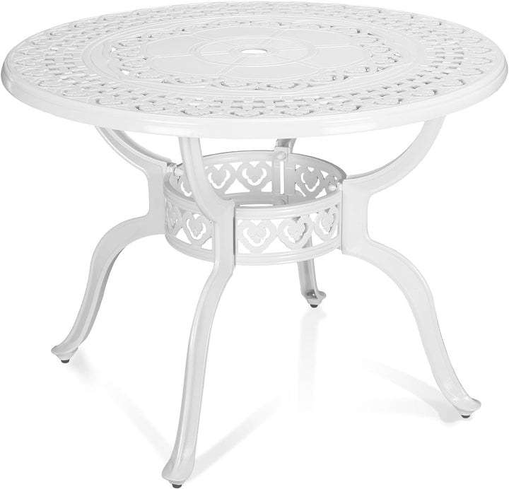 MEETWARM 38.5" Round Patio Dinning Table, Outdoor Cast Aluminum Dinning Table with 2" Umbrella Hole, White