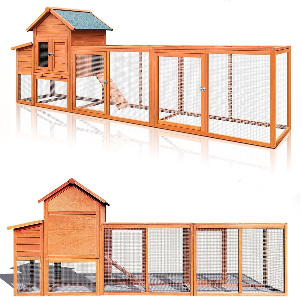 MIDOQIN 122" Wooden Chicken Coop, Large Outdoor Hen House with Nesting Box & Wire Fence Waterproof Poultry Cage
