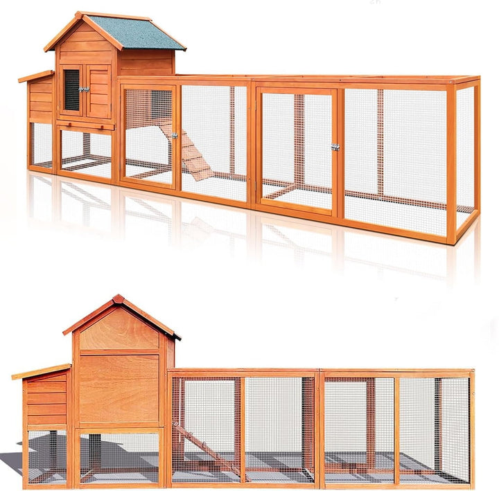 MIDOQIN 122" Wooden Chicken Coop, Large Outdoor Hen House with Nesting Box & Wire Fence Waterproof Poultry Cage