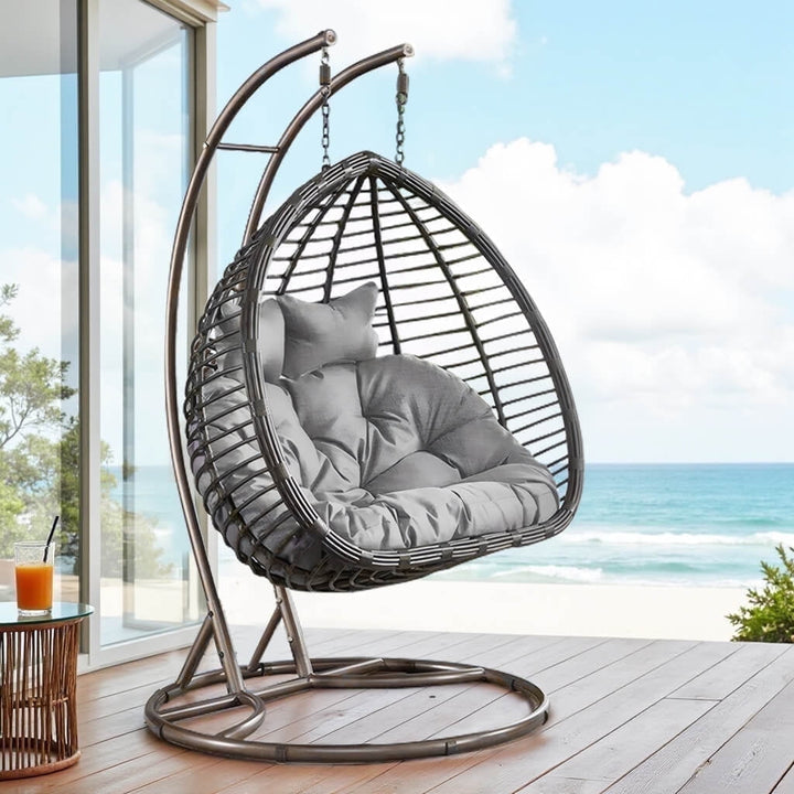 Modern Dark Brown Wicker Hanging 2 Person Egg Swing Chair