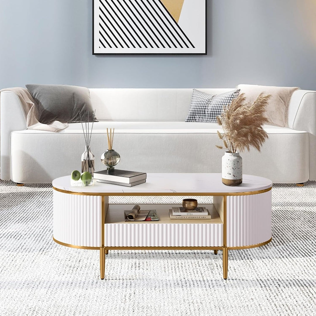 Modern Fluted Coffee Table, 48'' Modern Oval Coffee Table with Drawer, Faux Marble Top, Curved Profile Center Table with Storage, Gold Metal Decor, Center Table for Living Room, White