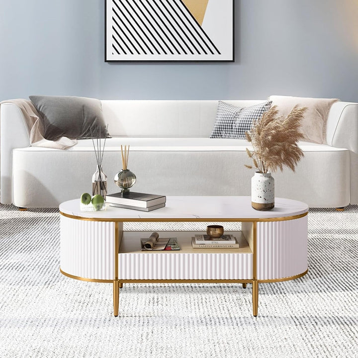 Modern Fluted Coffee Table, 48'' Modern Oval Coffee Table with Drawer, Faux Marble Top, Curved Profile Center Table with Storage, Gold Metal Decor, Center Table for Living Room, White