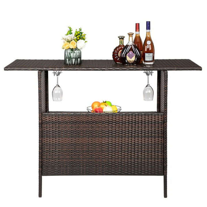Modern Gradient Rattan Bar Table – Industrial-Style High Table with Stainless Steel Holders (55"L x 18"W x 36"H, Brown Ombre)