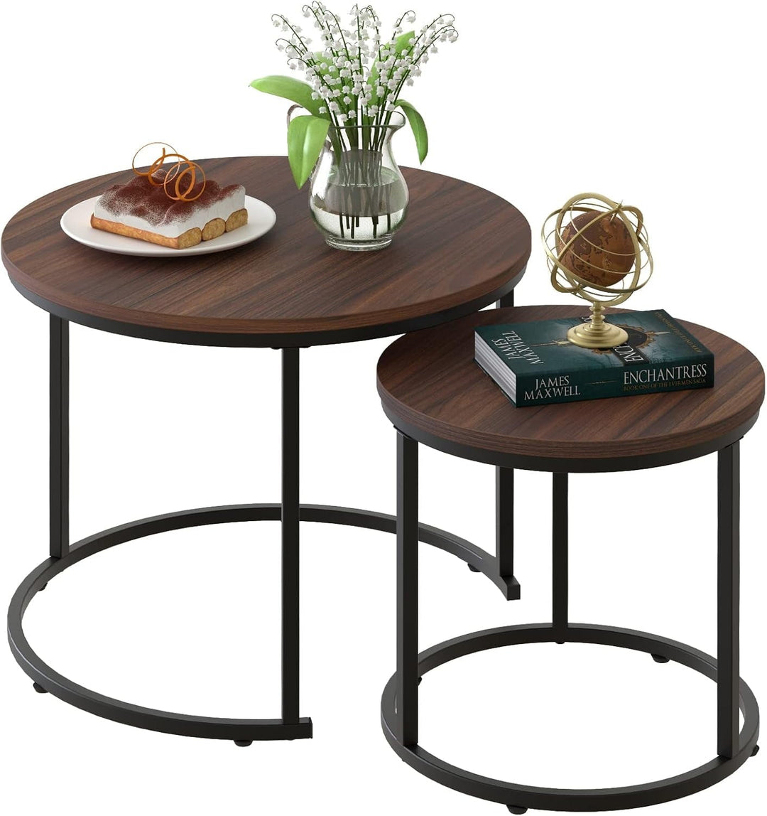 Modern Industrial Round Nesting Coffee Table Set of 2 – Sturdy Metal Frame Side & End Tables for Living Room, Bedroom, Apartment – Simple Nightstand or Centerpiece