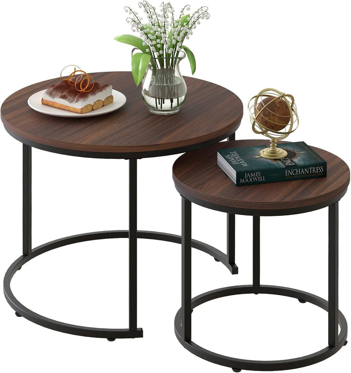 Modern Industrial Round Nesting Coffee Table Set of 2 – Sturdy Metal Frame Side & End Tables for Living Room, Bedroom, Apartment – Simple Nightstand or Centerpiece