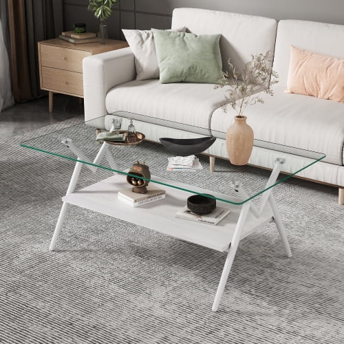 Modern Rectangle Tempered Glass Coffee Table with White Metal Legs - 38.6"L x 22.8"W x 17.3"H, White MDF Shelf, Living Room Center Table